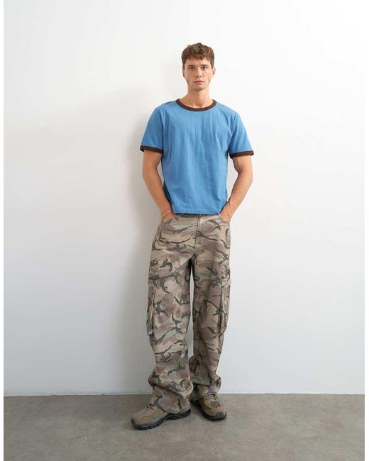 Topman Blue Classic Fit Crop Ringer T-shirt for men