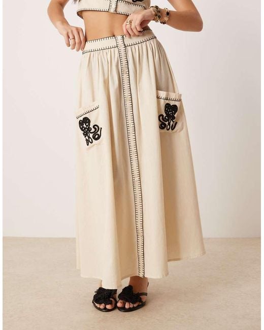 Falda Midi Beis Con Volumen Y Pespuntes En Contraste De (Parte De Un Conjunto)-Neutro ASOS de color Natural