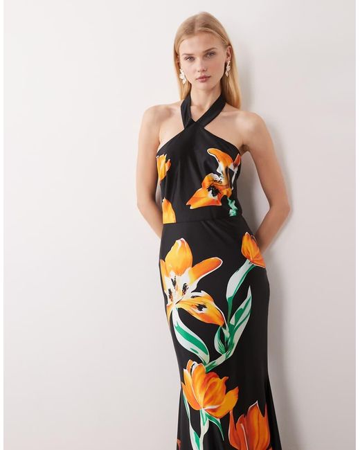 JW PEI Black Racer Halter Neck Satin Mermaid Hem Maxi Dress