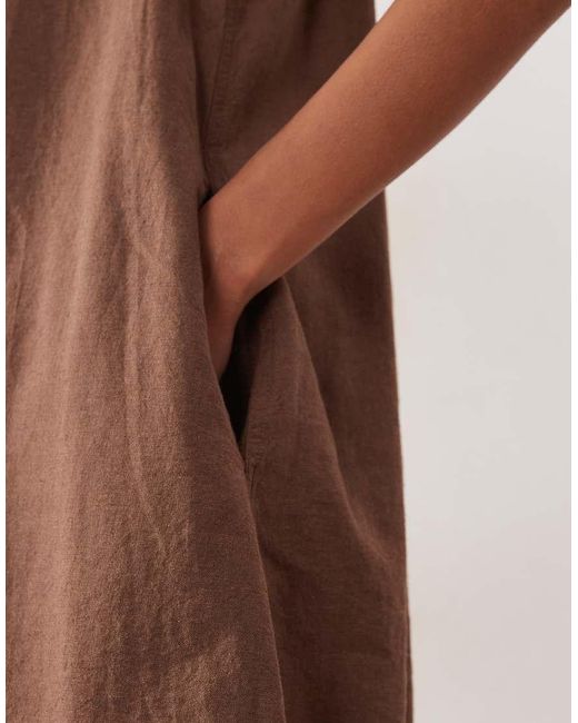 Monki Brown Linen Blend Sleeveless A Line Mini Dress With Frayed Edge