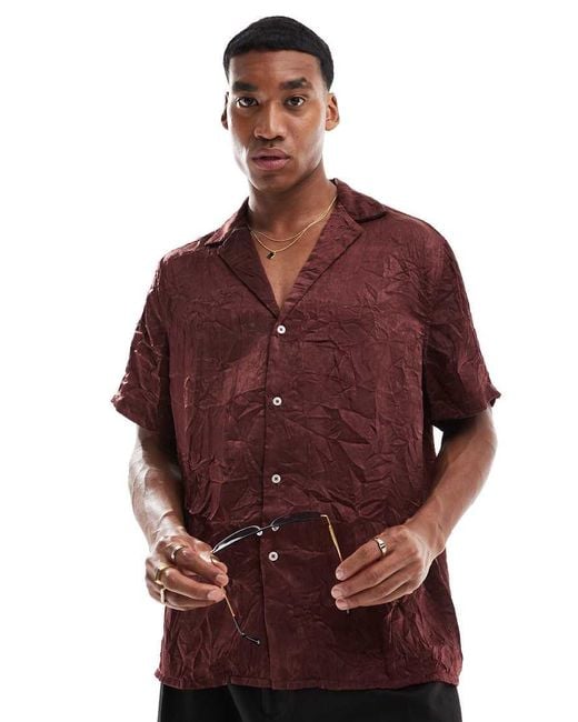 ASOS Red Relaxed Fit Deep Revere Collar Crinkle Satin Shirt for men