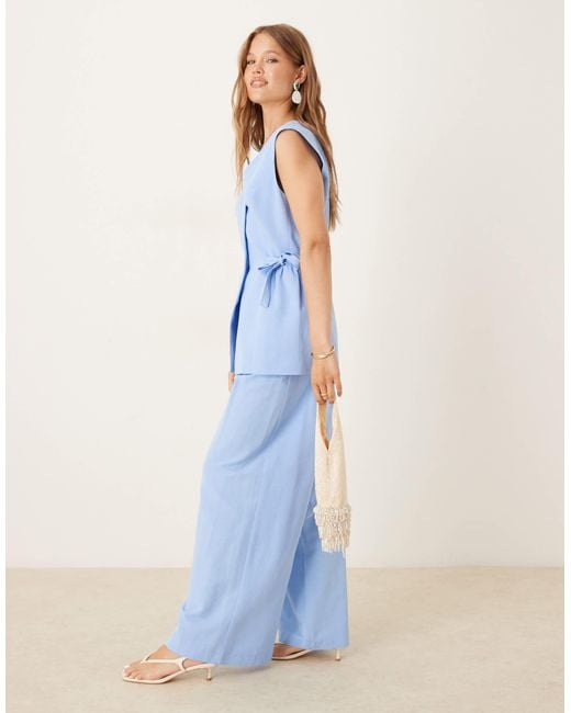 ASOS Blue Linen Blend Tie Waist Trouser Co Ord
