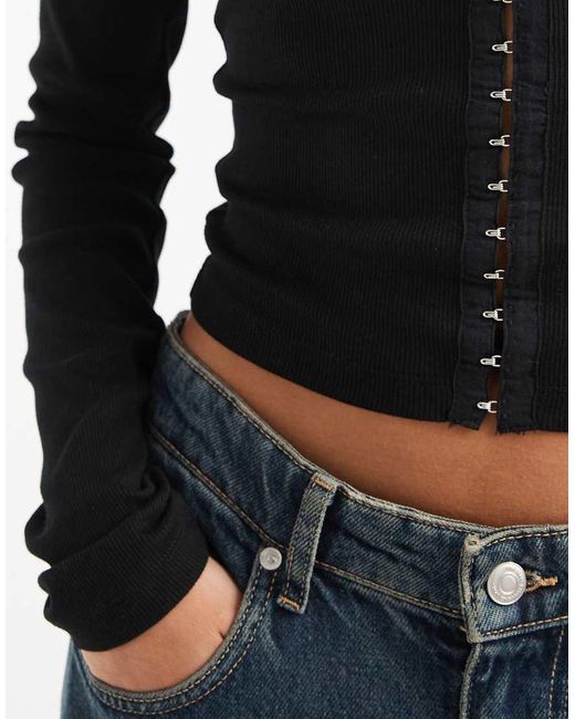 ASOS Blue Cotton Rib Square Neck Long Sleeve Top With Hook And Eye