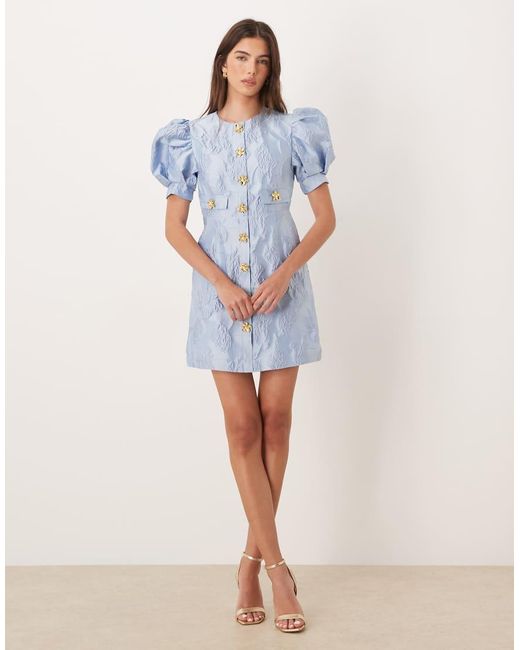 Sister Jane Blue Anemone Exclusive Jacquard Puff Sleeve Gold Flower Button Up Mini Dress