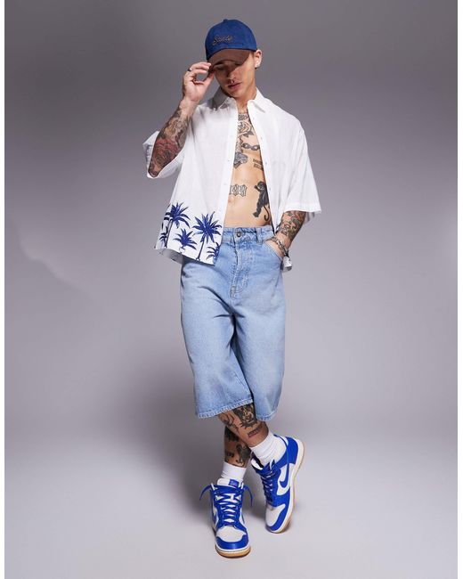 ASOS White Boxy Oversized Linen Look Shirt With Palm Tree Print for men