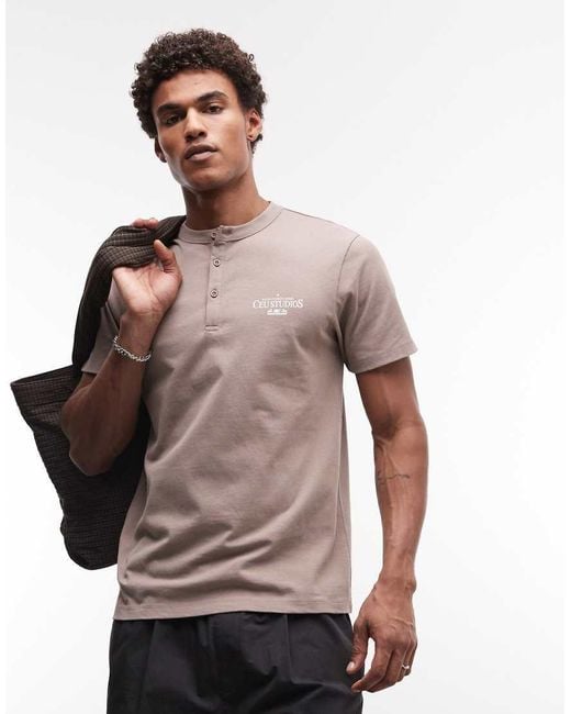 ASOS Brown Heavyweight Henley T-shirt With Text Graphic for men