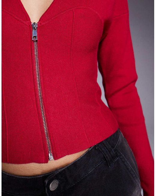 GOOD AMERICAN Red Knit V Neck Zip Front Cardigan