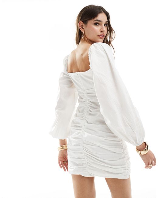 Pretty Lavish White Linen Blend Ruched Front Mini Dress