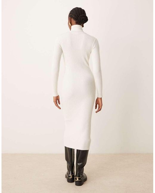 Vila Natural Roll Neck Long Sleeve Ribbed Midi Dress