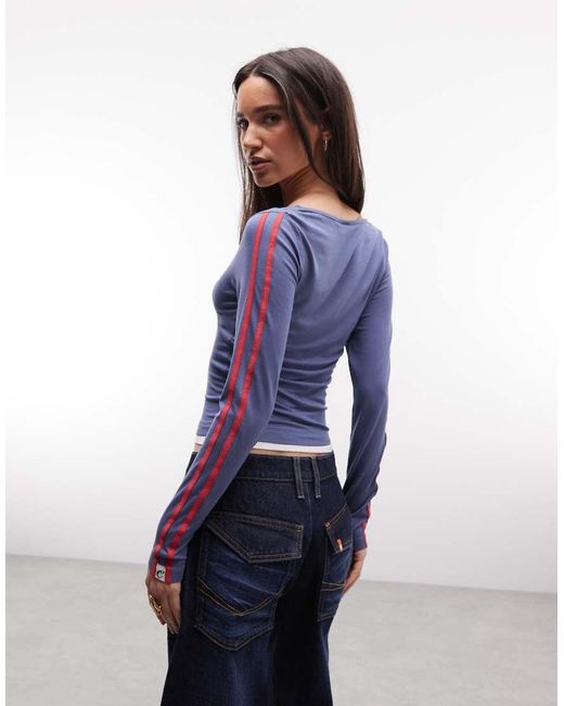 Collusion Blue Long Sleeve Ruched V Neck Sports Tee