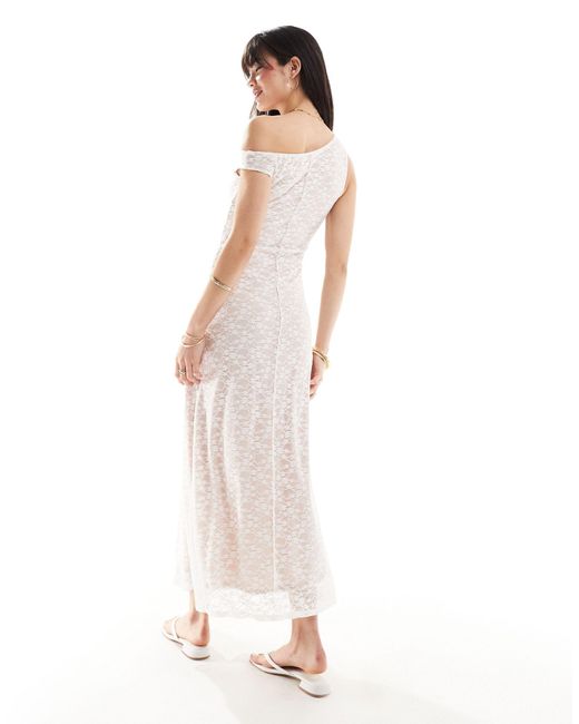 ASOS White Fallen Shoulder Lace Midi Dress With Seam Detail