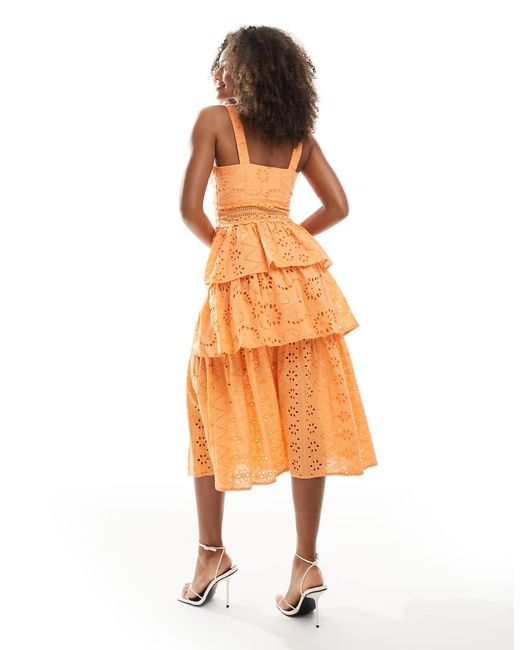 True Decadence Orange Tiered Midi Dress