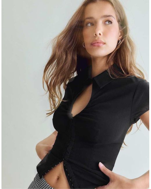 Stradivarius Gray Cut-out Short Sleeve Shirt