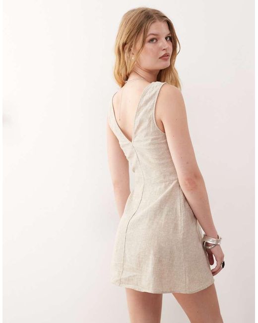 Monki Natural Linen Mini Dress With Tie Front Detail