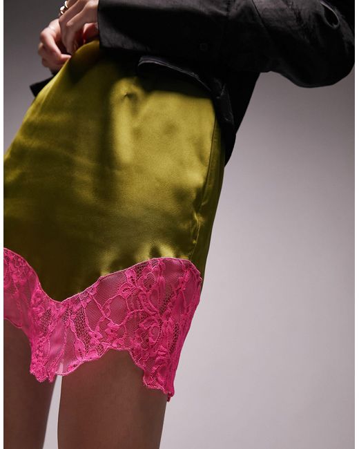 TOPSHOP Green Satin Contrast Pink Lace Hem Mini Skirt