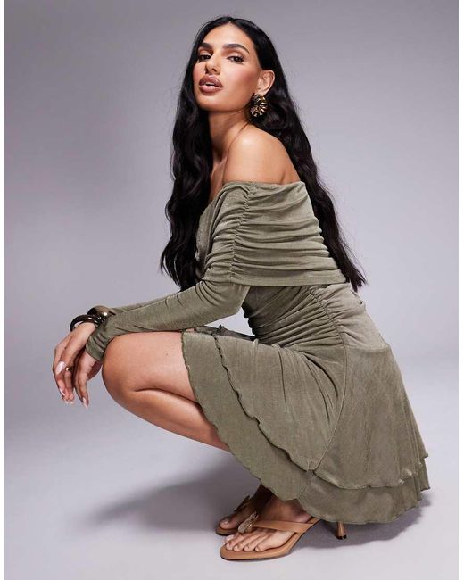 Aria Cove Gray Textured Slinky Deep Bardot Ruffle Hem Mini Dress