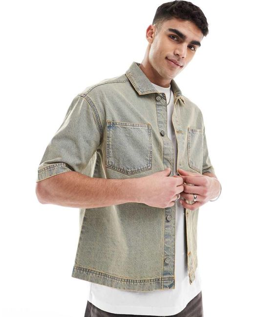Another Influence Recht Denim Overhemd Met Korte Mouwen in het White voor heren