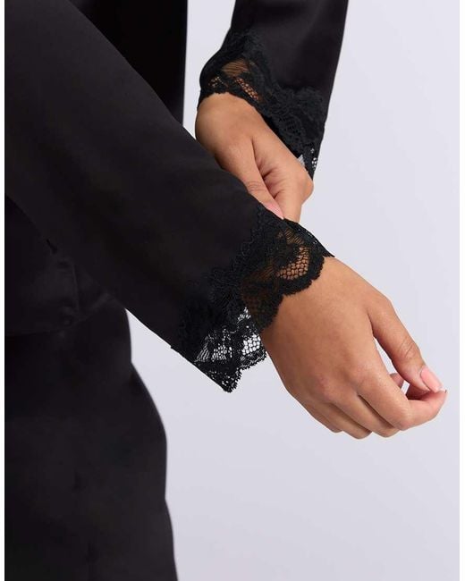 Boux Avenue Black Amelia Satin Pyjama Set Collared Top And Trousers Nightwear