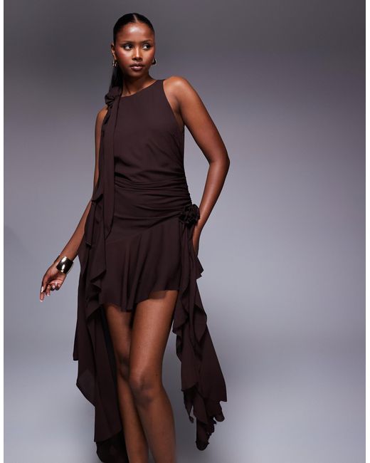 Bardot Corsage Ruffle Mini Dress in Brown | Lyst Australia Bardot Corsage Ruffle Mini Dress in Brown | Lyst Australia