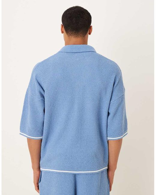 ASOS Blue Relaxed Knitted Button Through Polo Shirt Co-ord for men