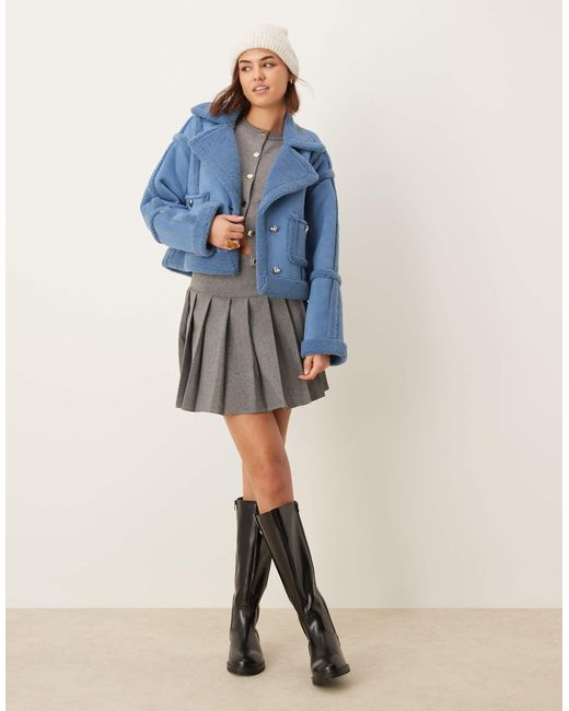 The Frolic Blue Exclusive Faux Shearling Gold Heart Button Detail Jacket