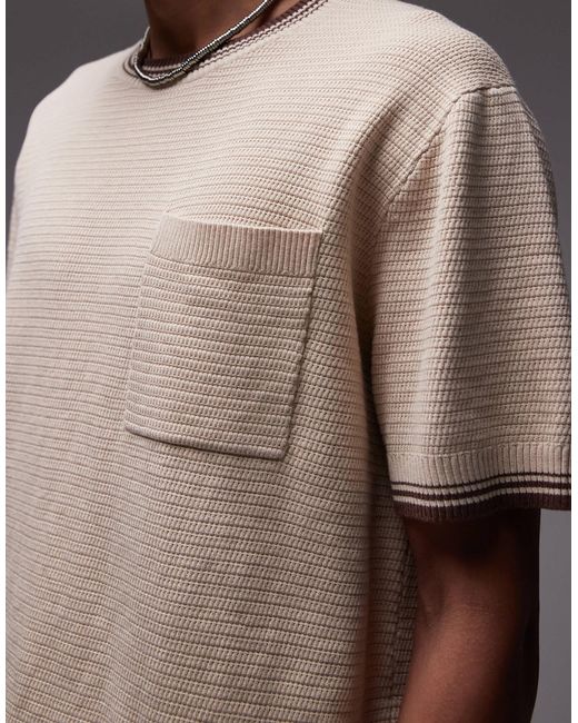 T-shirt en maille ottoman avec col et ourlet à liserés - taupe Topman pour homme en coloris Gray