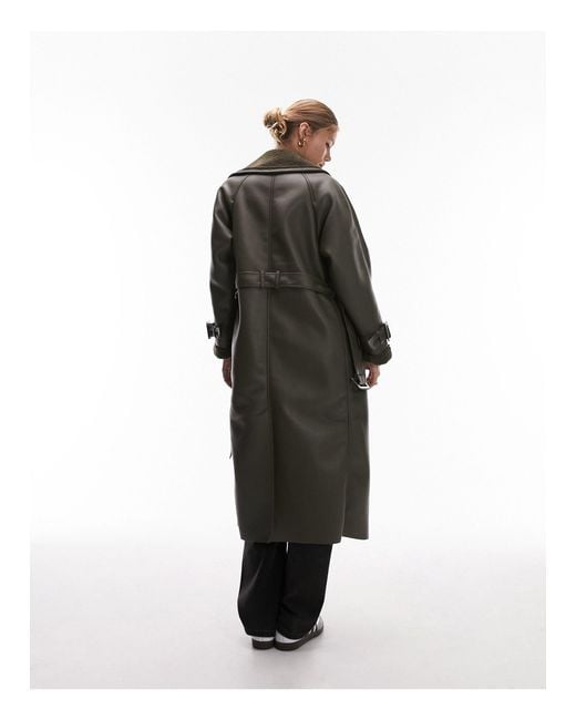 TOPSHOP Faux Leather Bonded Borg Trench Coat in Brown | Lyst Canada