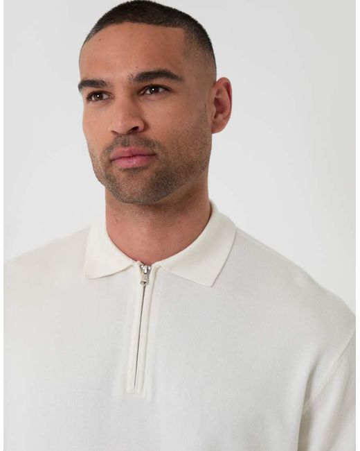 Threadbare White Relaxed Fit Knitted Quarter Zip Polo for men