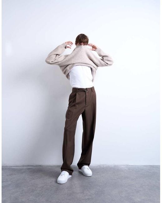 Topman Blue Wide Leg Belted Twill Smart Trousers for men
