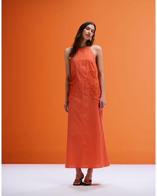 ASOS Orange Low Back Halter Midi Dress With Waist Embroidery