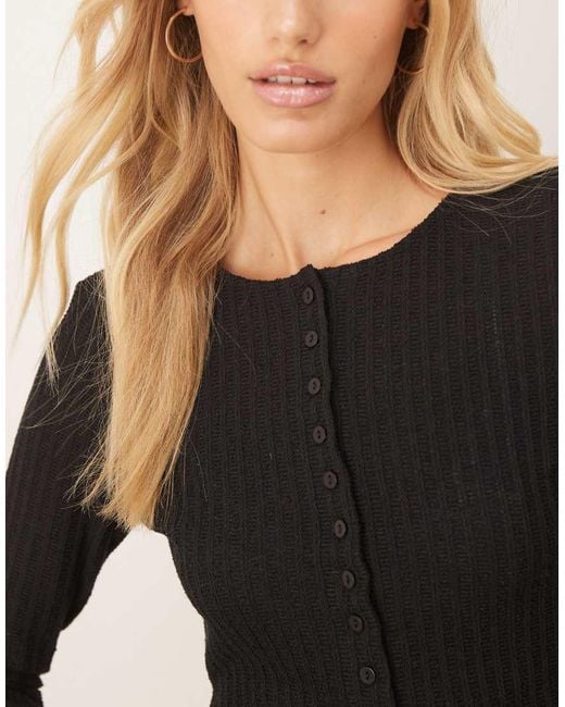 ASOS Black Textured Button Through Long Sleeve Top