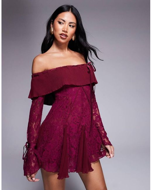 Murci Red Exclusive Lace Bardot Fit And Flare Godet Detail Mini Dress