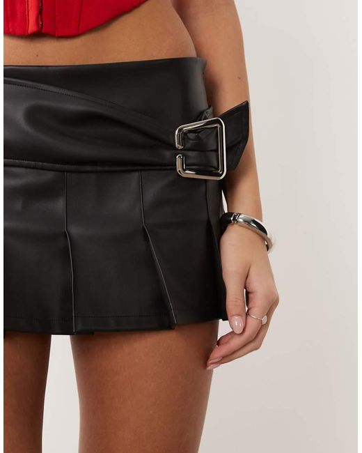 I.AM.GIA Black Desmina Leather Look Buckle Detail Pleated Mini Skirt