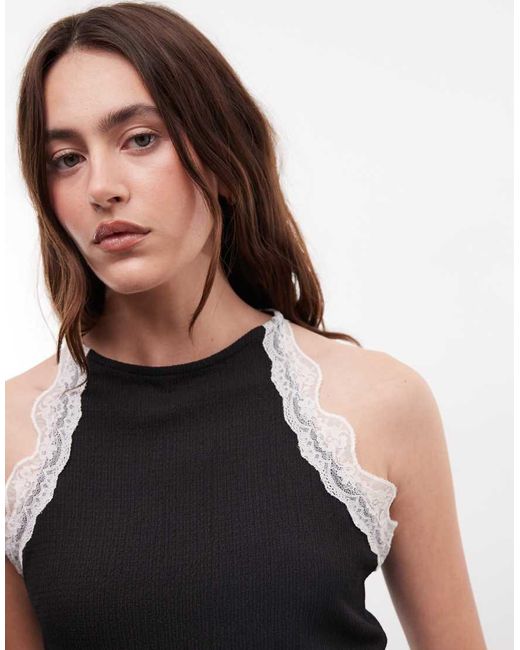 River Island Black Lace Trim Halterneck Textured Top