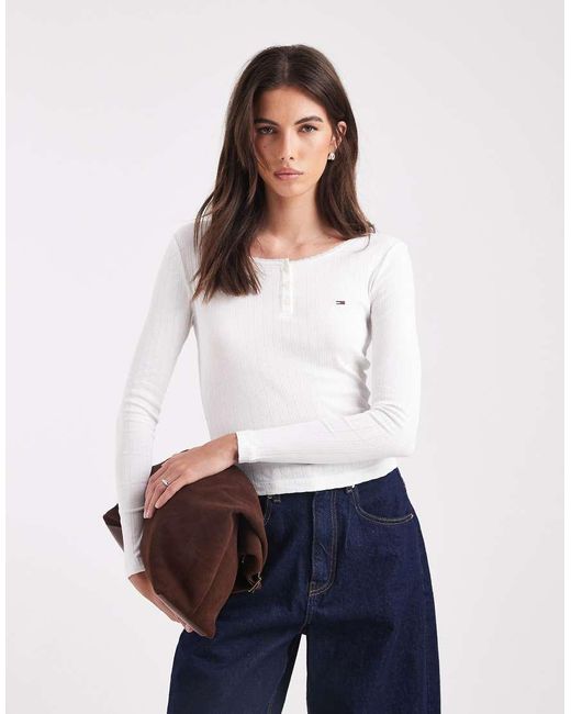 Tommy Hilfiger White Rib Henley Long Sleeve Top
