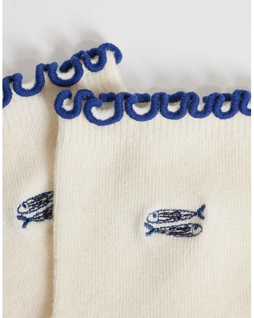 ASOS Natural Frill Edge Ankle Socks With Sardine Embroidery