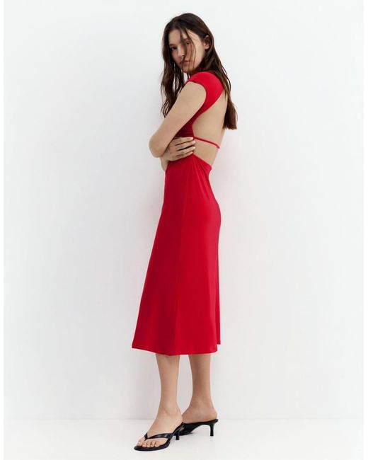 Pull&Bear Red Short Sleeve Midi Dress