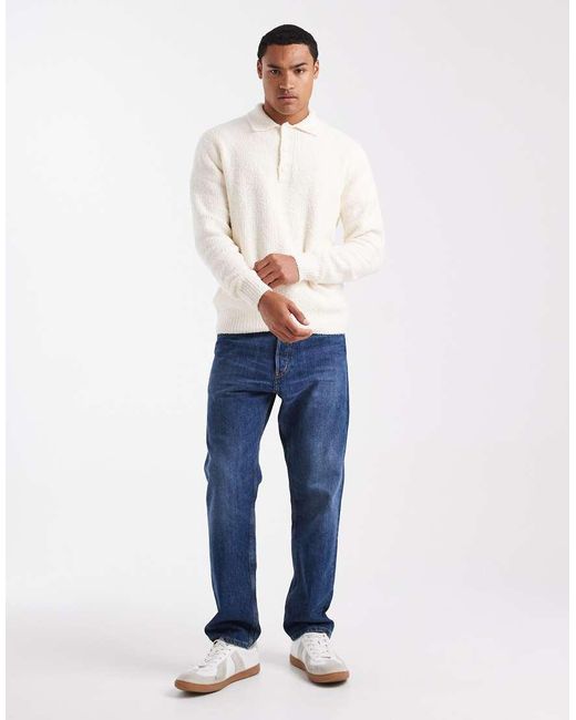 Only & Sons White Relaxed Fit Fisherman Knit Polo Jumper for men