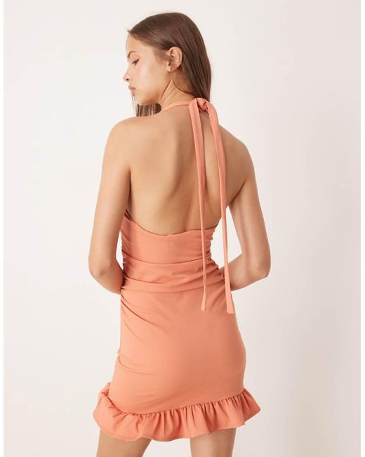 ASOS Orange Halter Sweetheart Ruched Mini Dress