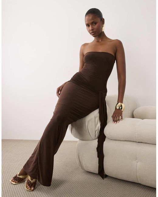 Missy Empire Natural Double Sculpted Slinky Bandeau Knot Front Detail Maxi Dress
