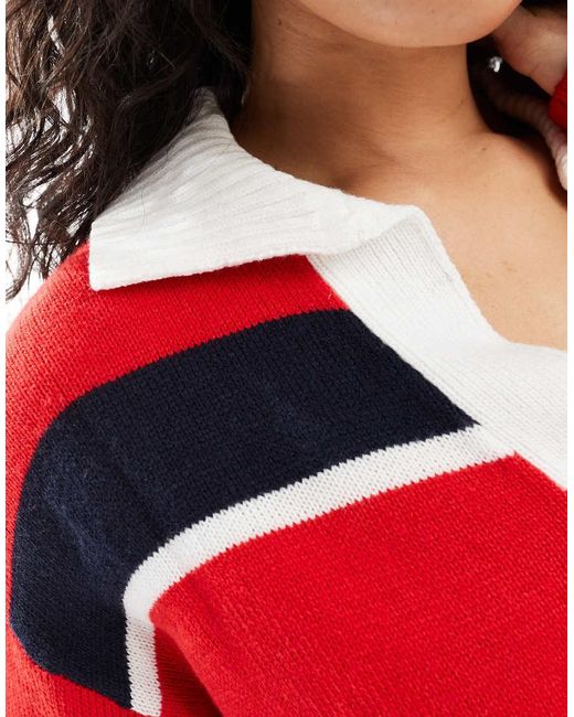 Brave Soul Red Oversized Knitted Rugby Top With Contrast Collar