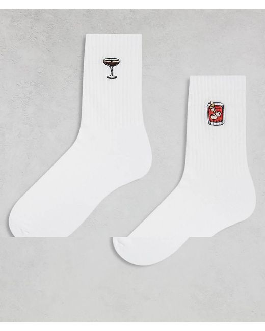 Confezione Da 2 Paia Di Calzini Bianchi Con Cocktail Ricamati di ASOS in White da Uomo