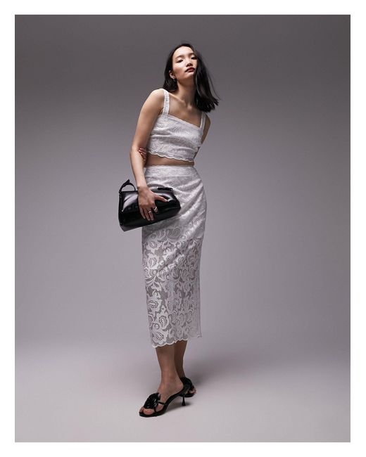TOPSHOP Gray Co-ord Premium Lace Detail Midi Skirt