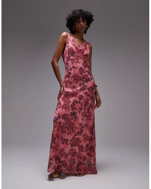 Vestito Lungo Strutturato A Doppio Strato A Fiori Con Scollo Ad Anello di TOPSHOP in Red