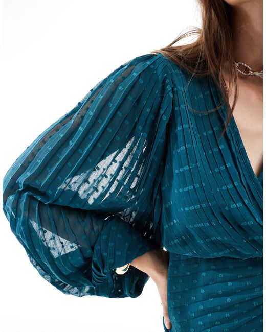 ASOS Blue Pleated Dobby Chiffon Wrap Button Detail Maxi Dress