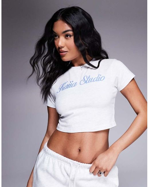 Kaiia White Embroidered Script Baby Tee Co-ord
