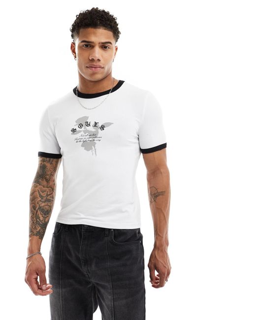 T-shirt moulant à bordures contrastantes avec imprimé sur la poitrine ASOS pour homme en coloris White