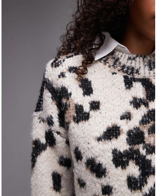 TOPSHOP Gray – ultimate – flauschiger strickpullover mit leopardenmuster und lockerem schnitt