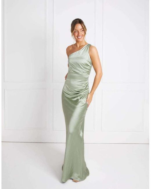 Six Stories Green One Shoulder Satin Ruched Bridesmaid Dress