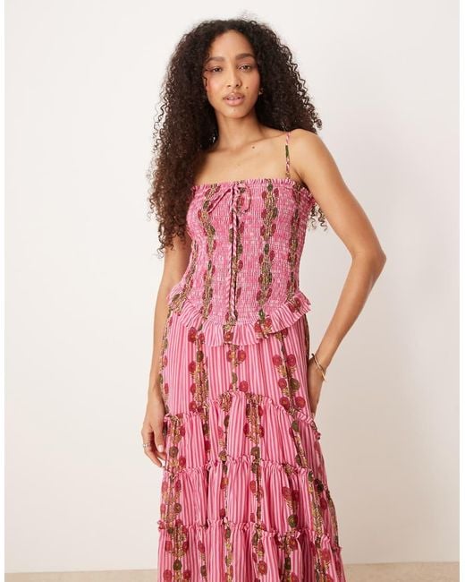 Free People Pink Ruched Ruffle Midi Dress